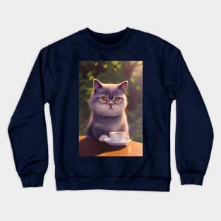 Cute Persian Exotic Shorthair Cat with a mug cup of morning coffee Crewneck Sweatshirt